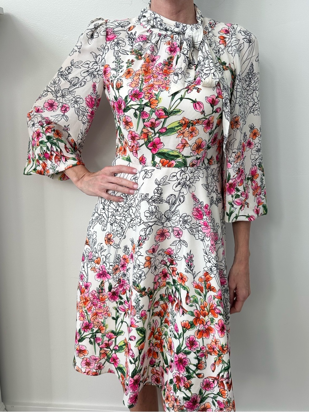 Maggy London collectors White Midi Dress with Pink & Orange Floral Print